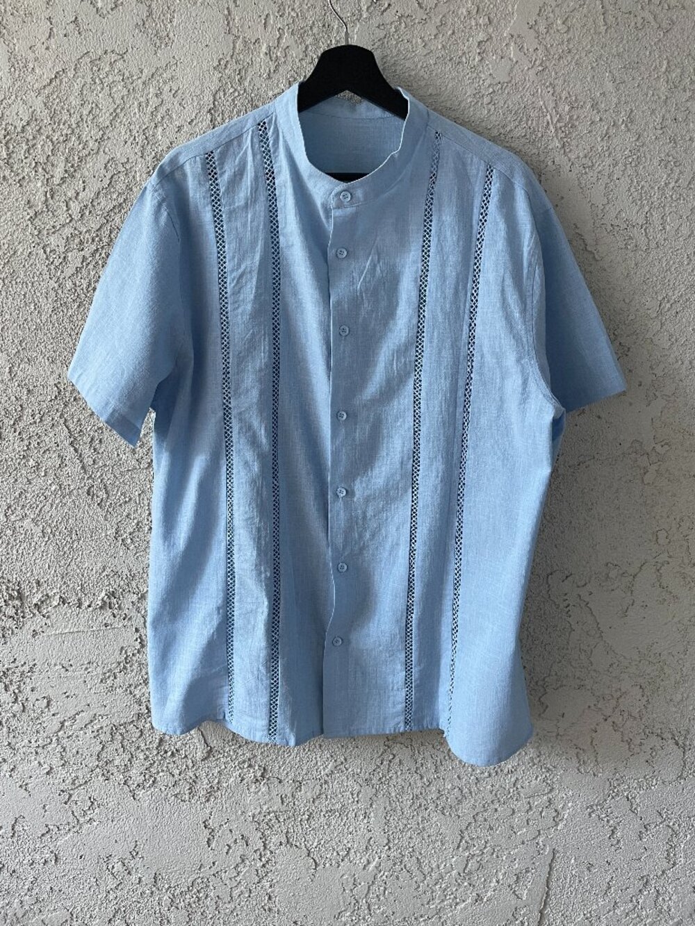 Linen Cotton Blend Guayabera Shirt Mens XL Light Blue Band Collar Crochet
